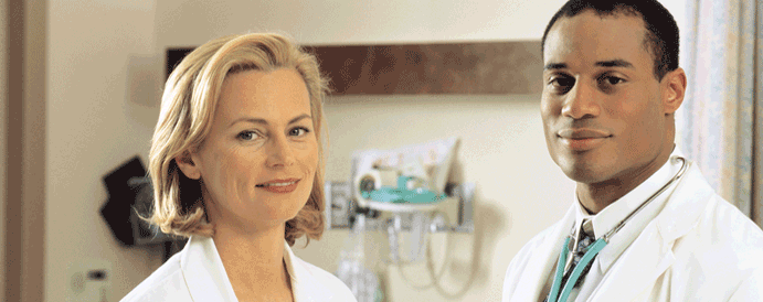 Two doctors in a clinical setting